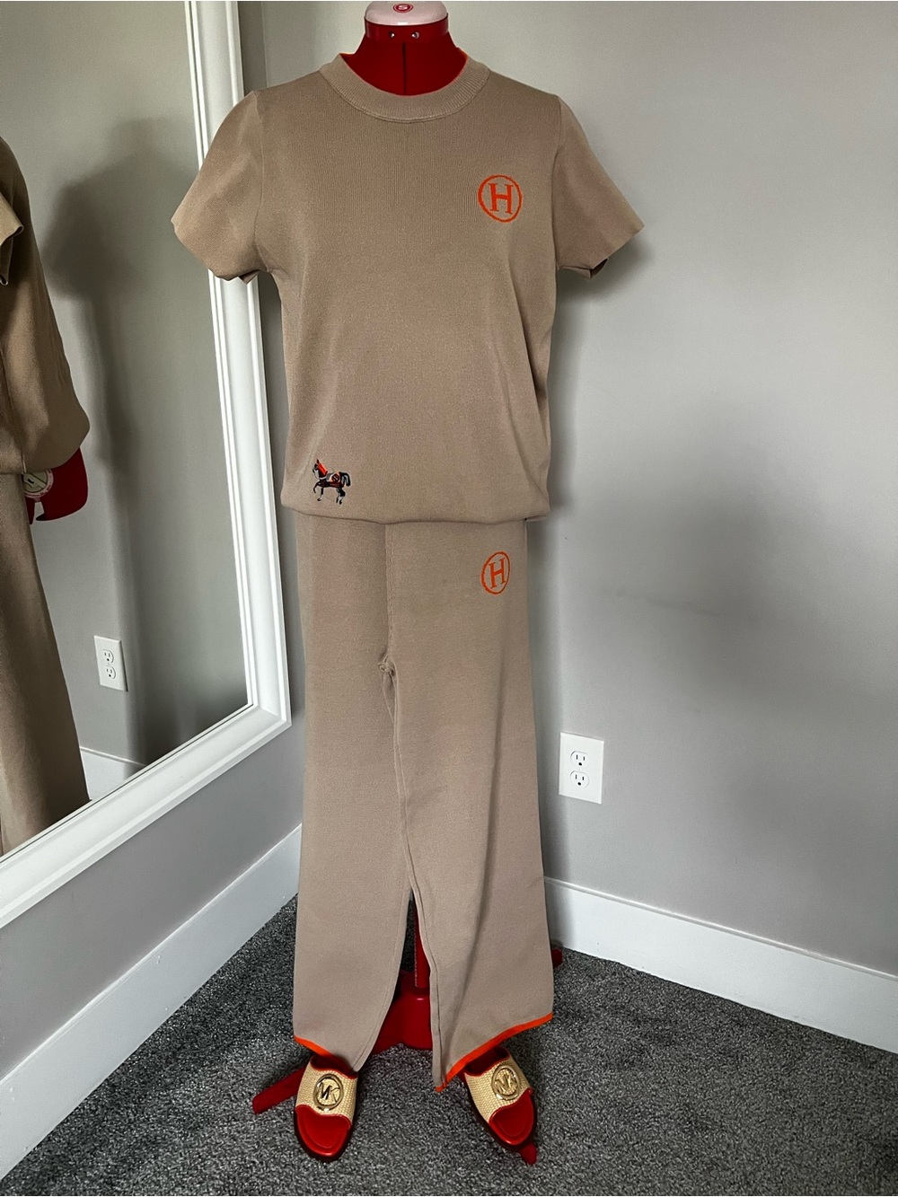 Hermes Beige women Sweatpants with Orange Trim & Logo size S/M